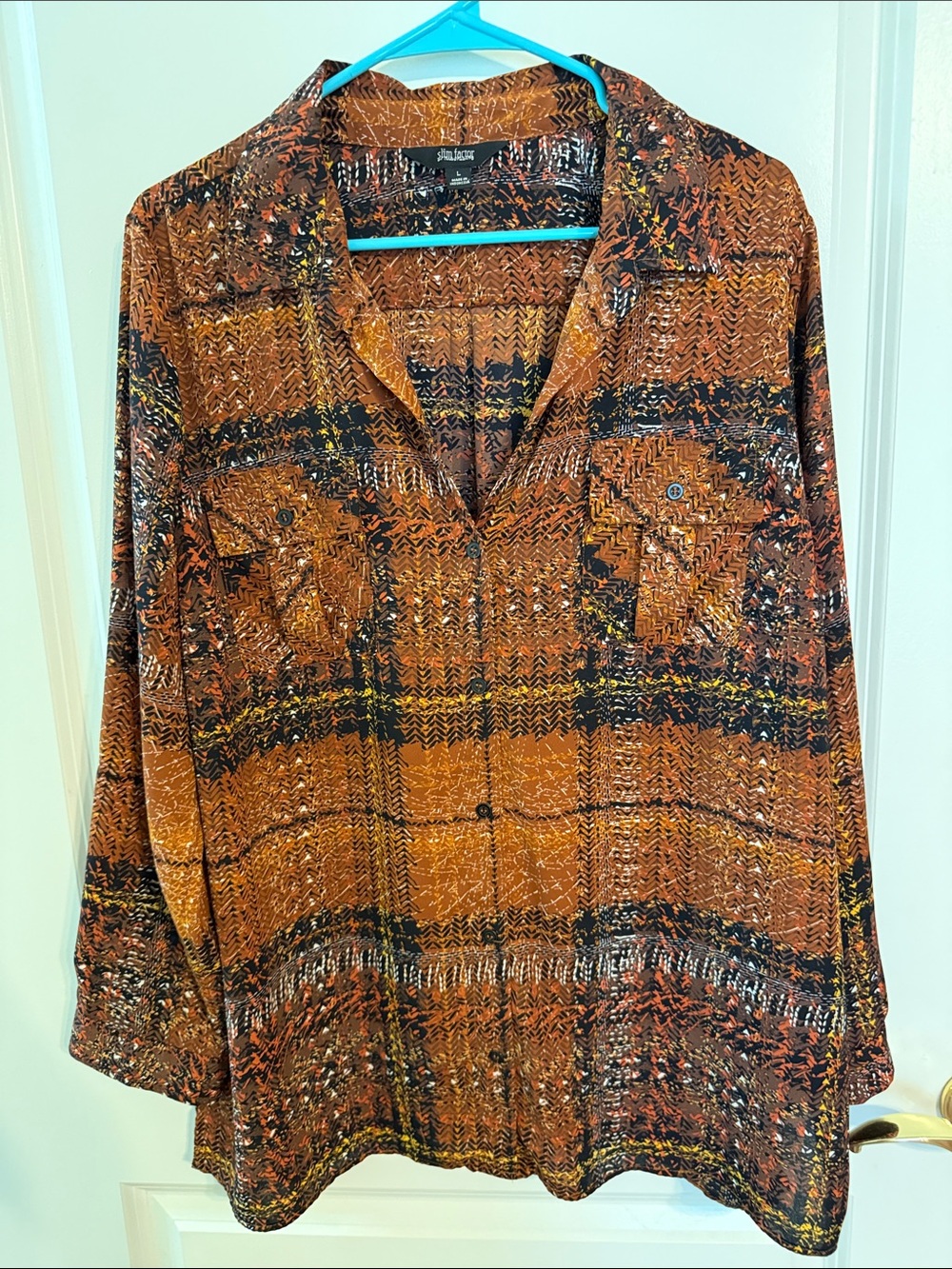 Slim Factor Investments Women's Long Sleeve Rust Black Button-Front Shirt L
